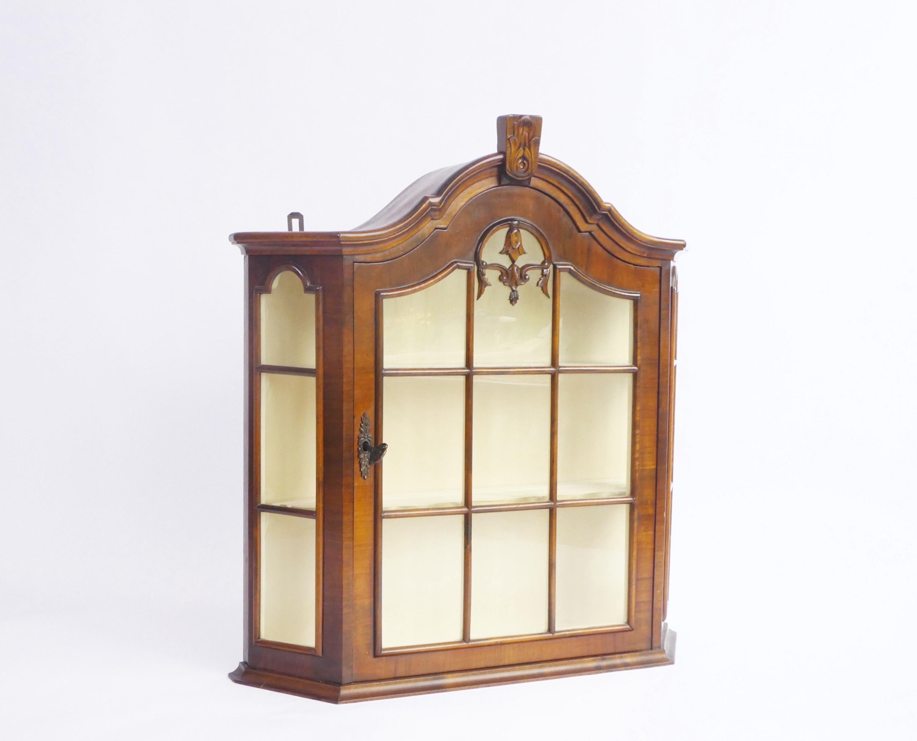 Small Wooden Wall Cabinet with Ornament and White Shelves, Vintage Display with Lock, Glass Medicine Apothecary Storage