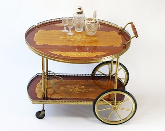 German Vintage Bar Cart with Beautiful Inlaid Marquetry, Hollywood Regency Tea Cocktail Trolley, Serving Table Brass