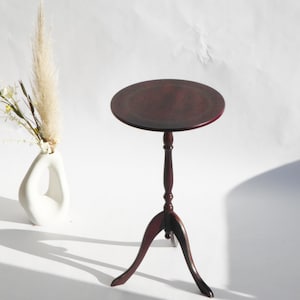 Small Lacquered Victorian Tripod Wooden Side Table, English Wine Table with Gold Floral Motif