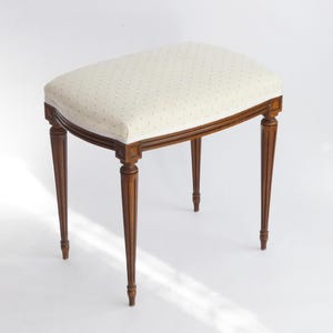 French Louis XV Style Wooden Stool with White Fabric, Mahogany Bench, Antique Ottoman