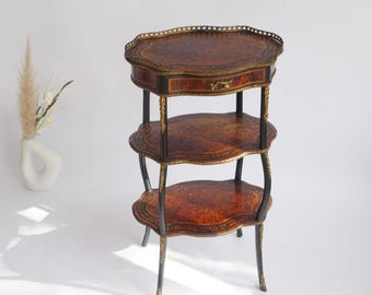 Antique Napoleon III Style Style Side Table, Louis XV Tall Marquetry Three Tier with Drawer