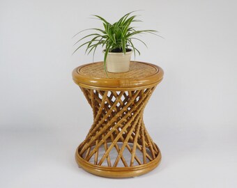 Rattan Vintage Boho Plant Stand, Bohemian Bamboo Side Table