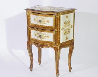 Small Vintage Florentine Chest of Drawers, Wooden Gold Gilt Italian Side Table, Nightstand