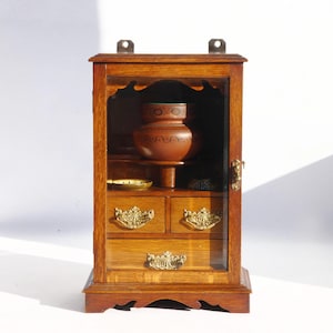 Edwardian Antique Oak Smokers Cabinet, Small Humidor Cabinet with Brass Details and Ceramic Pot with Plates,  Wooden Display with Drawers