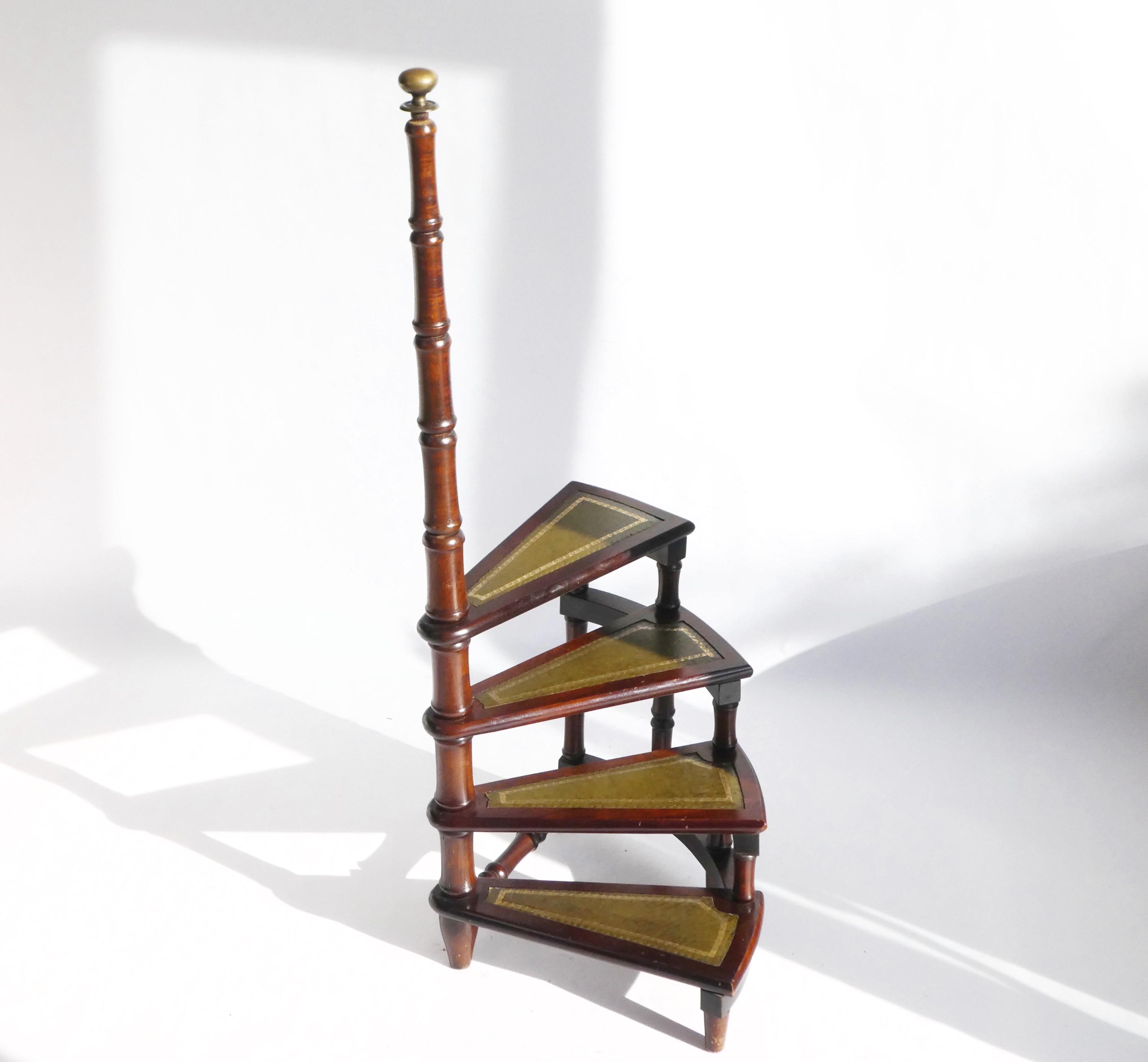 English Wooden Library Stairs with Green Leather, Vintage Large 50's Spiral Bookcase Ladder, English Wooden Steps, Victorian Decor