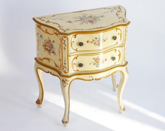 Italiaans Venetiaans geschilderde houten ladekast, kast in Lodewijk XV-stijl, vintage Florentijns nachtkastje