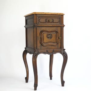 Antique French Louis XV Wooden Side Table with Marble, Walnut Carved Tall Chest, Beside Table, Entryway Furniture