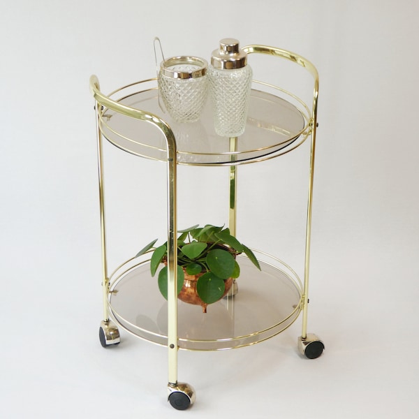 Bar cart Hollywood Regency Round Trolley with Smoked Glass, Vintage Brass 2 tier Serving Cart, Brass Table, Gold Cocktail Trolley