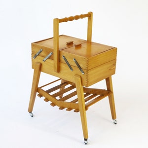 Rare Mid Century Danish Small Expandable Wooden Sewing Box, Vintage Storage Box on Wheels with Tray, Accordion Style Storage Cabinet