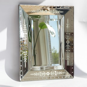 Large Vintage Venetian Wall Mirror with Beveled Glass, Italian Engraved Ornate Wall Mirror, Elegant Rectangular Mirror