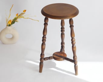 Antique English Bobbin Wooden Stool, Wooden Round Carved Side Table, Farmhouse Decor, Plant Stand