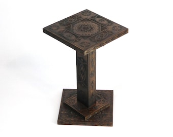 Antique Dutch Hand Carved Small Wooden Pedestal, Chip Carved Frisian Plant Stand,Folk Art Furniture