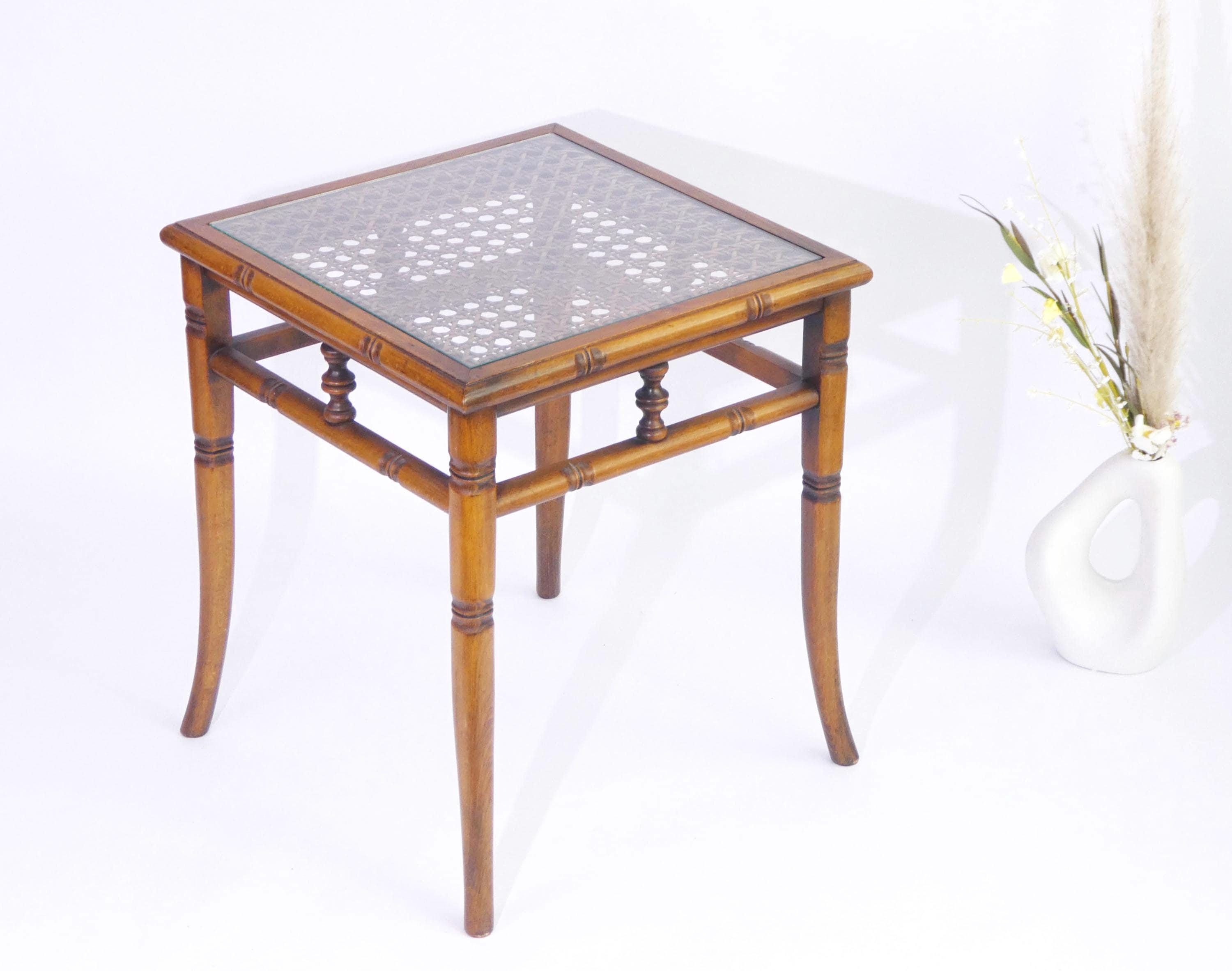 Faux Bamboo Wooden Side Table With Glass Top, English Vintage