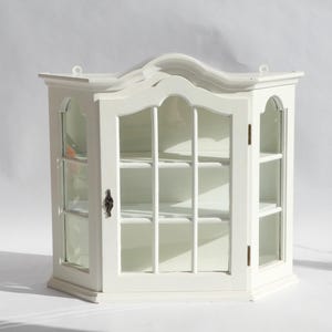 Wooden White Painted Vintage Cabinet with Glass Door, Small Display Cabinet with Shelves, Shabby Chic White Apothecary