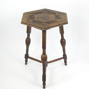 Large Antique Wooden Side Table, Carved Hexagonal Table with Floral Details, Tall Table Farmhouse Decor, Bobbin Table