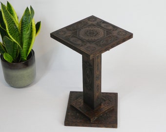 Antique Dutch Hand Carved Small Wooden Pedestal, Chip Carved Frisian Plant Stand,Folk Art Furniture