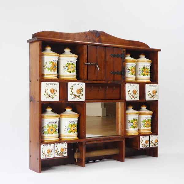 Vintage Dutch Spice Cabinet, Herbs Kitchen Rack with Ceramic Handpainted Jars, Farmhouse Decor Organizer