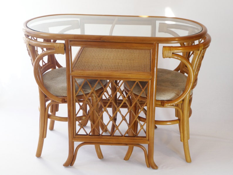 Vintage Bamboo Bistro Dining Set With Glass Top Wicker Boho Etsy