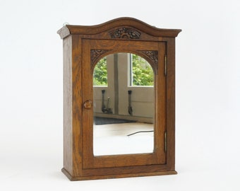 Antique Wooden Small Wall Mirror Cabinet with Beautiful Floral Ornament, Medicine Apothecary with Shelves, Drawer, Carved Bathroom Display