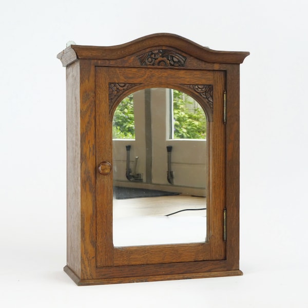 Antique Wooden Small Wall Mirror Cabinet with Beautiful Floral Ornament, Medicine Apothecary with Shelves, Drawer, Carved Bathroom Display