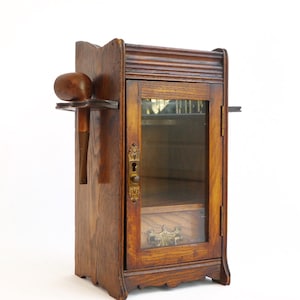 Antique English Wooden Smokers Cabinet with Brass Details, Cigar Pipe Display with Glass Door and Pipes