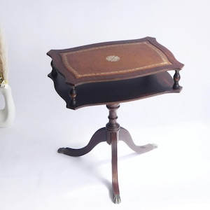 Antique English Wooden Table Brown Leather, Rectangular Tripod Side Table