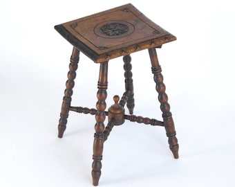 Antique Small Bobbin Wooden Stool, Carved Side Table with Flower, Barley Twist Furniture, Oak Bench, Plant Stand