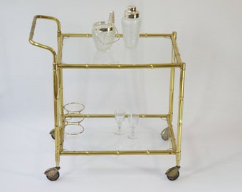 Amazing Italian Vintage Faux Bamboo Bar Cart, Hollywood Regency Brass Trolley with Glass Plates