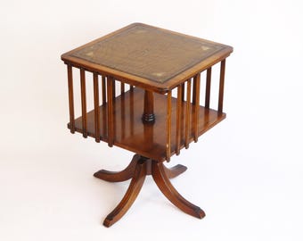 Revolving Victorian Bookcase with Leather, Edwardian Wooden Storage Cabinet, Wooden Inlaid English Bookshelf, Turning Table