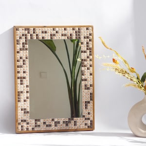 Rectangular Dutch Vintage Mirror with Mosaic Frame, Earthy Coloured Mid Century Wall Mirror with Tiles, Farmhouse Decor