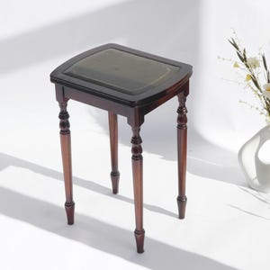 Victorian Style Small Wooden Wine Table with Green Leather, Vintage Side Table