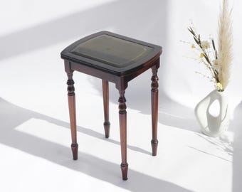 Victorian Style Small Wooden Wine Table with Green Leather, Vintage Side Table