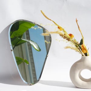 Mid Century Asymmetrical Small Frameless Mirror, Vintage Wall Mirror with Beveled Glass, Art Deco Mirror