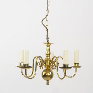 Small Vintage Brass Branded Chandelier with 5 Arms, German Mid Century Ceiling Lamp, Hollywood Regency Style