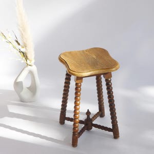 Antique Square Wooden Bobbin Side Table, Barley Twist Stool, Vintage Rustic Plant Stand, Farmhouse Decor