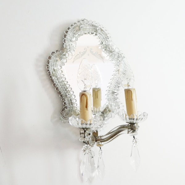 Beautiful Vintage Murano Glass Wall Mirror with Lamps, Venetian Wall Sconce, Floral Wall Hanging