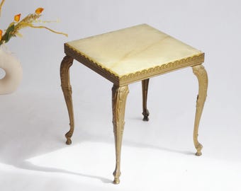 Vintage Neoclassical French Table with Brass and Onyx, Ornate Square Plant Stand, Hollywood Regency Table