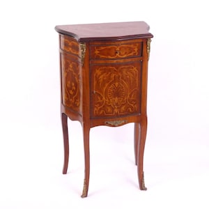 Antique English Inlaid Side Table: Louis XV Style Marquetry Nightstand