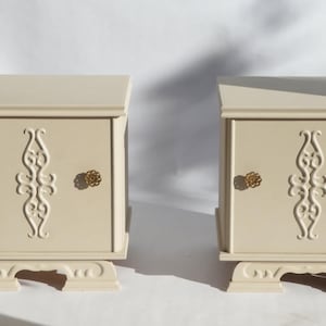 Antique Shabby Chic Pair of Nightstands,  Set of Art Deco Ivory Wooden Bedside Tables with Carved Details and Brass Knobs