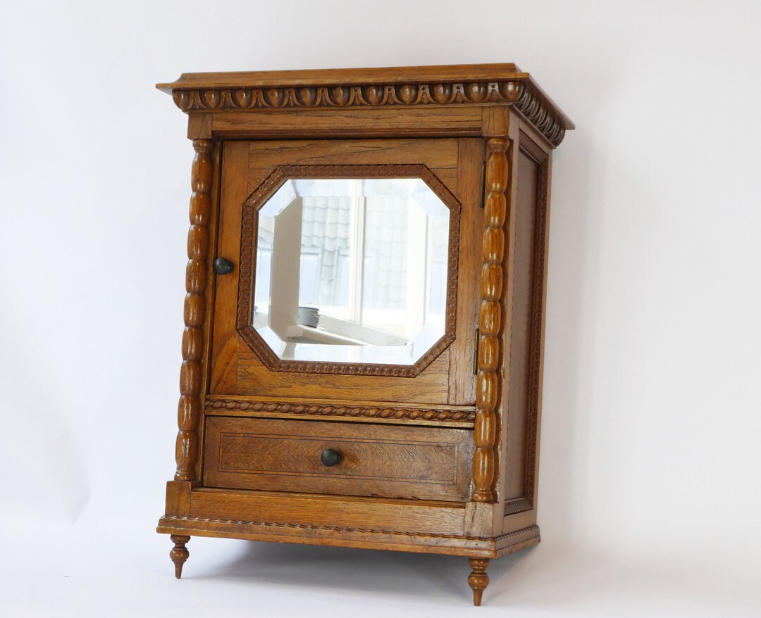 Vintage Wooden Small Wall With Carved Details, Apothecary With