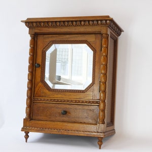 Vintage Wooden Small Wall Cabinet with Carved Details, Apothecary with Mirror and Beautiful Details, Medicine Cabinet with Shelf and Drawer