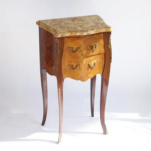 Antique French Nightstand with Marble, Louis XV Style Side Table with Brass Fittings, Wooden Marquetry Table