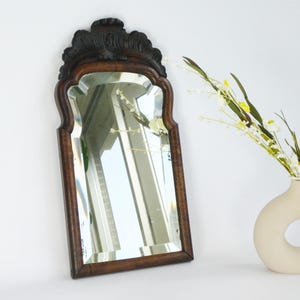 Beautiful Small Antique Scalloped Wooden Mirror with Carved Ornament, Farmhouse Decor Wall Hanging, Dutch Wall Mirror