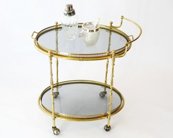 Vintage French Neoclassical Bar Cart, 1960's Trolley with Smoked Glass and Removable Serving Tray, Hollywood Regency Cocktail Cart