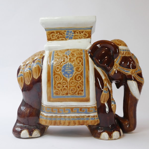 Colorful Vintage Large Ceramic Elephant Plant Stand, Boho Glazed Brown, Blue Hand Painted Side Table, Outdoor Furniture
