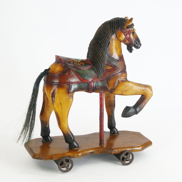 Small Antique Wooden Toy Rocking Horse with Glass Eyes, Old Animal Toy on Wheels with Leather Saddle, Horse Figurine Art Object