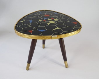 Unique Mid Century Colorful Original Small Glass Plant Stand, 60&#39;s Tripod Kidney Table with Mosaic Pattern and Brass Rim, Side Table
