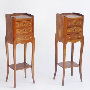 Antique Pair of Marquetry Louis XV Style Nightstands, Small French Bedside Tables with Drawers, Mini Chests with Floral Details