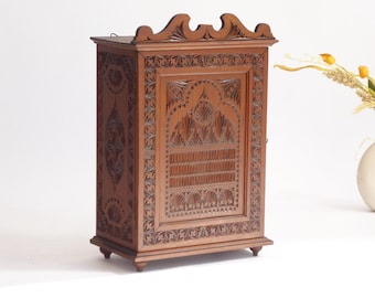 Art Nouveau Dutch Wooden Cabinet, Small Antique Chip Carved Chest, Folk Art Apothecary with Lock