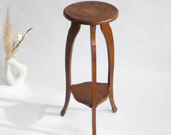 Antiker Art-déco-Pflanzenständer aus Holz, Eichensockel der Amsterdamer Schule, zweistöckiger Beistelltisch im Landhausstil